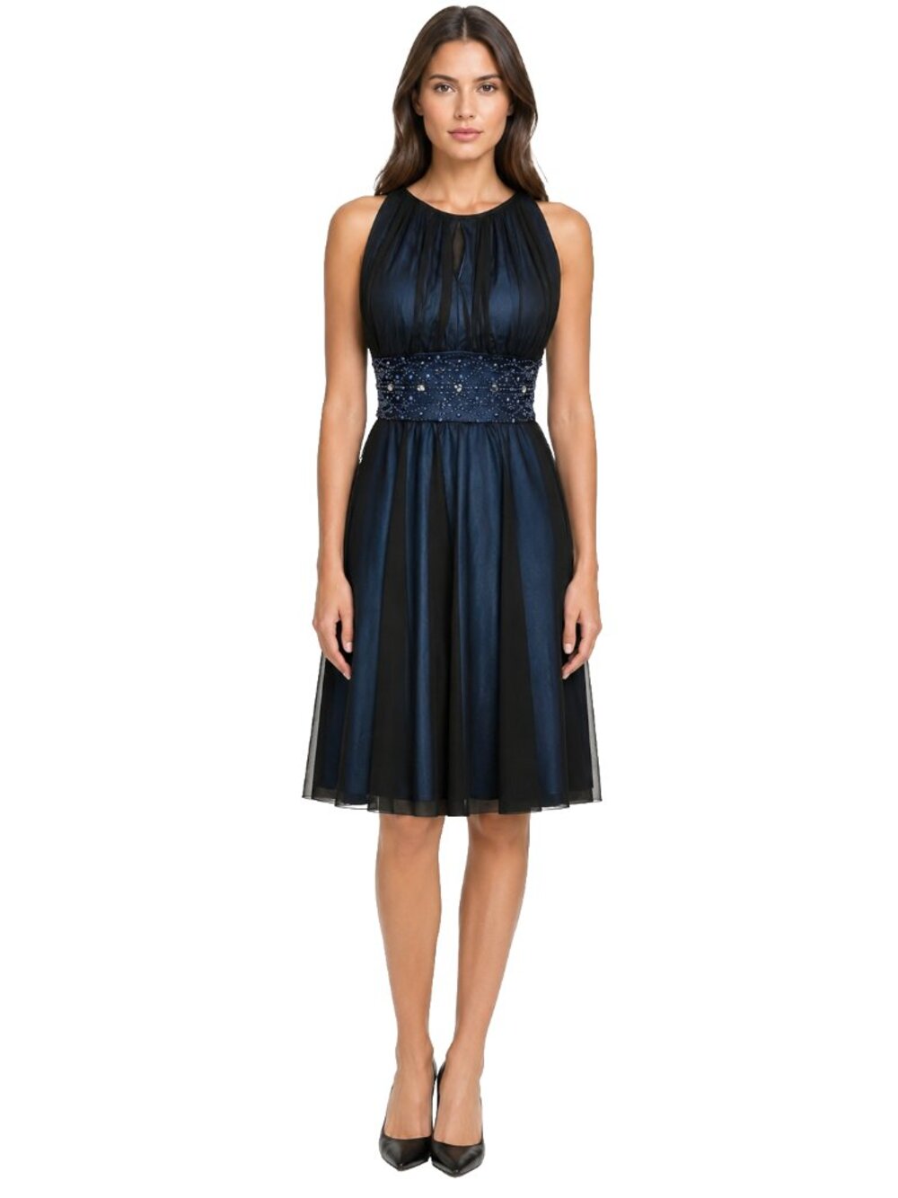 Jessica Howard Teal Satin Black Chiffon Beaded Cocktail Dress 6P Formal Midi